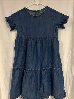 dip Navy Blue Tiered Denim Dress with Ruffle Sleeves